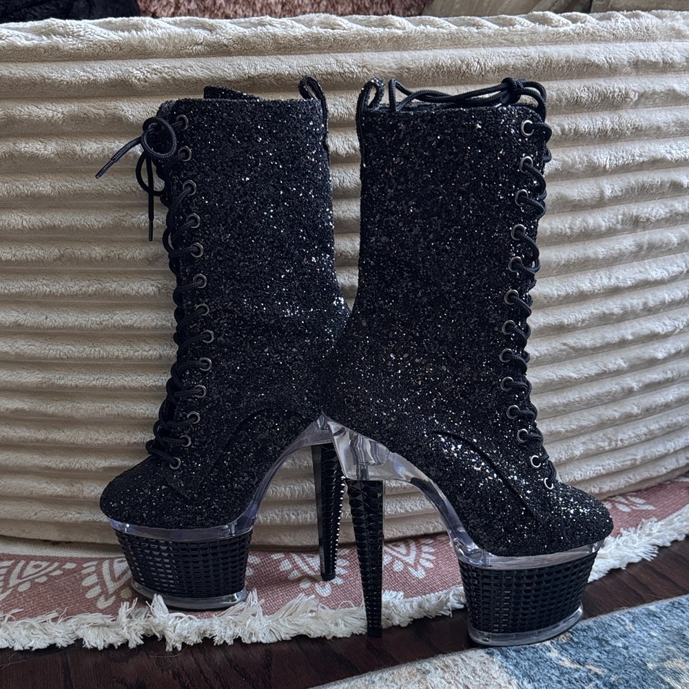Pleaser Black Glitter Lace-Up Platform Boots